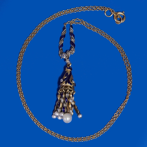 64 - VICTORIAN ENAMEL DIAMOND AND PEARL TASSEL PENDANT NECKLACE,
6.2 grams, High carat gold.
Diamonds bri... 