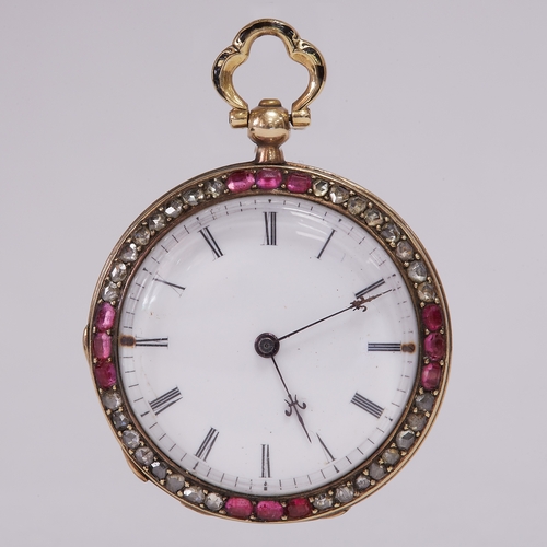 61 - EARLY 20TH CENTURY FRENCH DIAMOND AND RUBY POCKET WATCH BY ROSSEL & FILS. 
33 grams, 18 ct. gold.
Ri... 