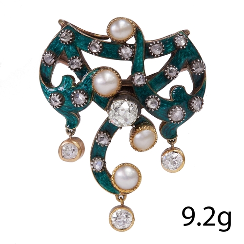 108 - ANTIQUE ENAMEL DIAMOND AND PEARL DROP BROOCH/PENDANT,
9.2 grams. In high carat gold. 
Fine green ena... 