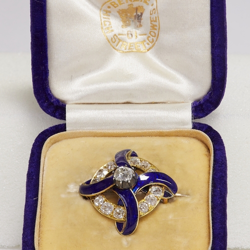 20 - ELEGANT DIAMOND AND ENAMEL BROOCH 
7 grams, high carat gold
bright and lively old cut diamonds,total... 