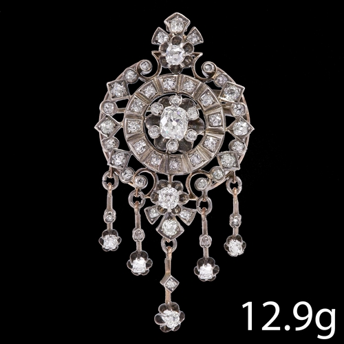 83 - VICTORIAN DIAMOND PENDANT/BROOCH,
12.9 grams.
Diamonds totalling approx. 3 ct.
Large old cut diamond... 