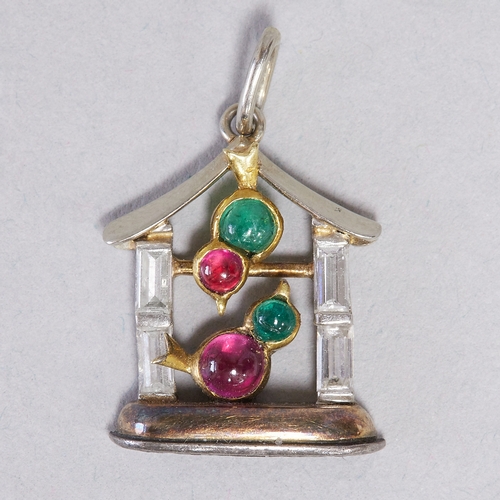 86 - FINE ART-DECO DIAMOND RUBY AND EMERALD BIRD PENDANT,
Birds in a bird house.
The birds with ruby and ... 