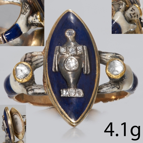 88 - RARE ANTIQUE GEORGIAN ENAMEL SAPPHIRE AND DIAMOND LOCKET RING,
4.1 grams, testing 18 ct. gold.
The m... 