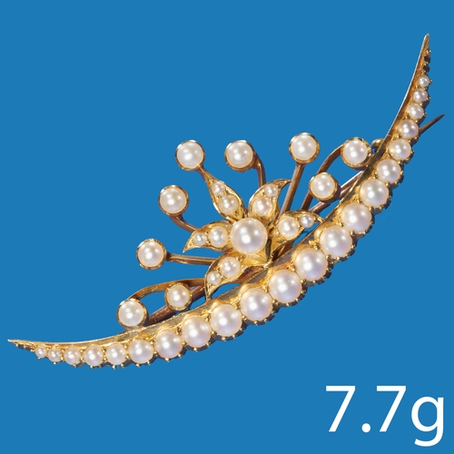 89 - VICTORIAN PEARL CRESCENT AND STAR BURST BROOCH,
7.7 grams, testing high carat gold.
Pearls well matc... 