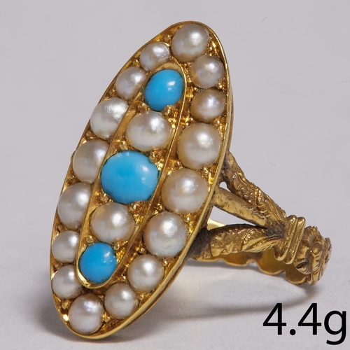 90 - VICTORIAN PEARL AND TURQUOISE RING,
4.4 grams. testing 18 ct. gold.
Pearl well matched, believed to ... 