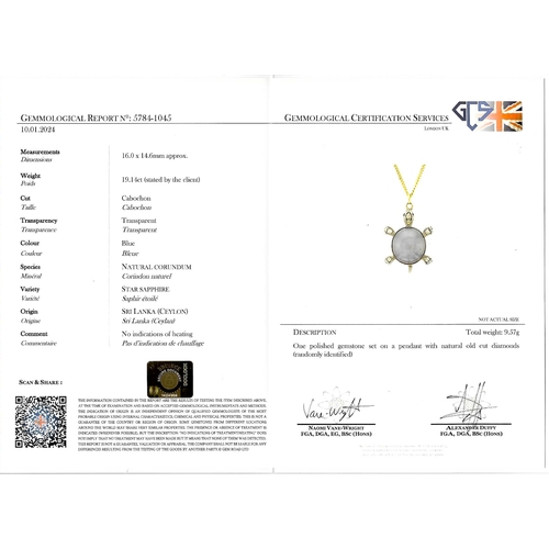 99 - A FANTASTIC CERTIFICATED CEYLON NO HEAT STAR SAPPHIRE AND DIAMOND TURTLE PENDANT
9.6 grams 
vibrant ... 