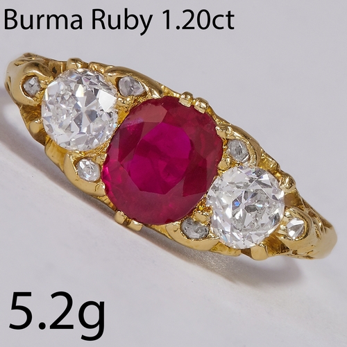 153 - FINE BURMA RUBY AND DIAMOND 3-STONE RING,
5.2 grams, 18 ct. gold.
Rich and vibrant ruby with good cl... 