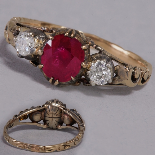 172 - ANTIQUE RUBY AND DIAMOND 3-STONE RING. 
2.6 grams, high carat gold.
set with a bright ruby in the ce... 