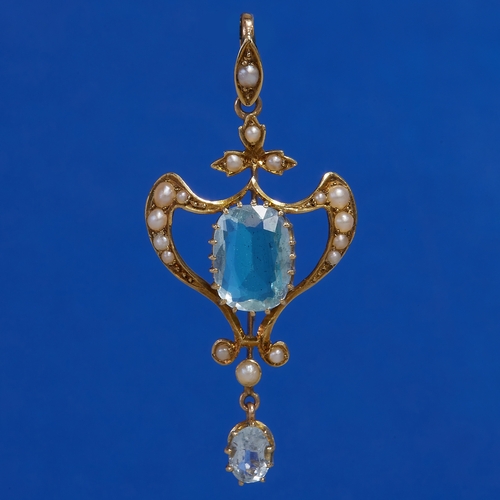 116 - EDWARDIAN AQUAMARINE AND PEARL PENDANT,
7.9 grams 15 ct. gold 
vibrant matching aquamarines, centre ... 