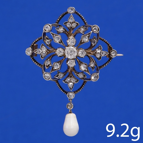 123 - ANTIQUE DIAMOND AND PEARL BROOCH. 
9.2 grams.
Diamond bright and lively. Center diamond of approx. 0... 