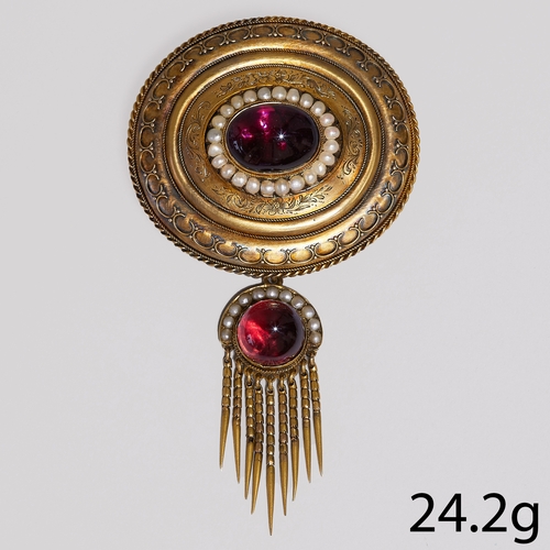 127 - VICTORIAN GARNET AND PEARL TASSLE DROP BROOCH.
24.2 gram, High carat gold.
Set with vibrant cabochon... 