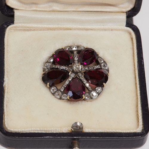 130 - RARE ANTIQUE VICTORIAN DIAMOND AND GARNET BROOCH, 
Diamond bright and lively.
Vibrant garnets, well ... 