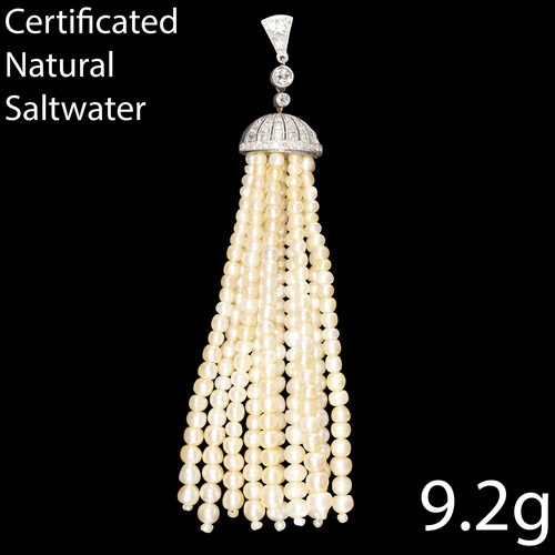 134 - BELLE EPOQUE CERTIFICATED NATURAL SALTWATER PEARL AND DIAMOND TASSLE PENDANT,
9.2 grams, Platinum.
F... 