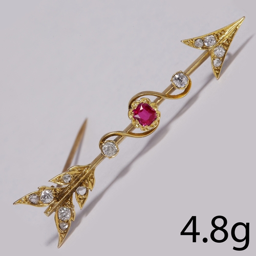 135 - RUBY AND DIAMOND ARROW BROOCH 
4.8 grams, testing 18 ct. gold.
rich vibrant ruby with great clarity ... 