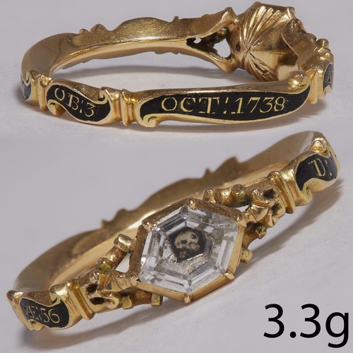 136 - 18th CENTURY STUART CRYSTAL SKULL RING, 1738
3.3 grams, testing 18 ct. gold.
Enamel accents on the s... 