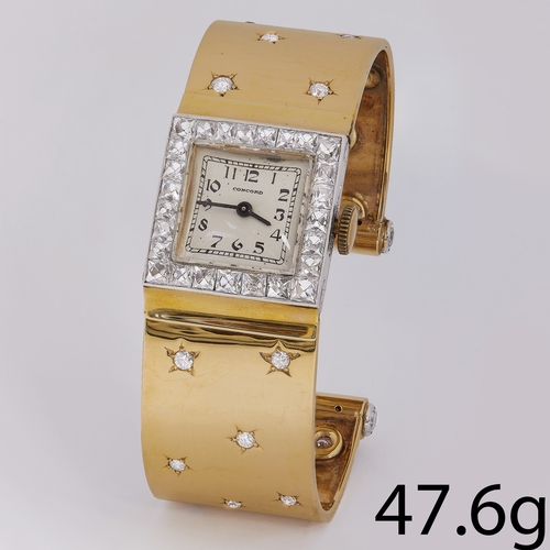 140 - CONCORD, FINE DIAMOND WATCH BANGLE,
47.6 gams, Testing 18 ct. gold.
Ca. 1940's.
Beautifully set with... 