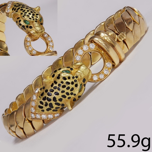 146 - EMERALD DIAMOND AND ENAMEL PANTHER BRACELET,
55.9 grams, 18 ct. gold.
The panther decorated with bla... 