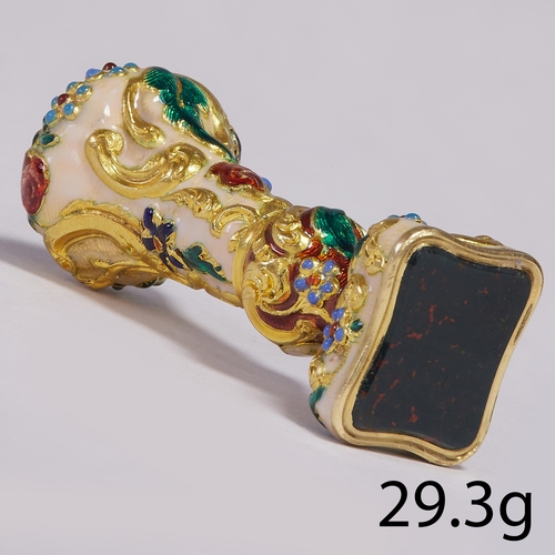 147 - MAGNIFICENT 19TH CENTURY ENAMEL SEAL.
29.3 grams, testing 18 ct. gold. 
Fine multi colour enamel, en... 