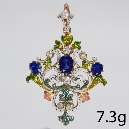 149 - BEAUTIFUL SAPPHIRE DIAMOND AND ENAMEL VICTORIAN PENDANT,
7.3 grams, testing 18 ct. gold.
Vibrant ric... 