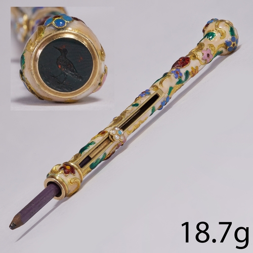 150 - MAGNIFICENT 19TH CENTURY ENAMEL PROPELLING PENCIL.
18.7 grams, testing 18 ct. gold. 
Fine multi colo... 