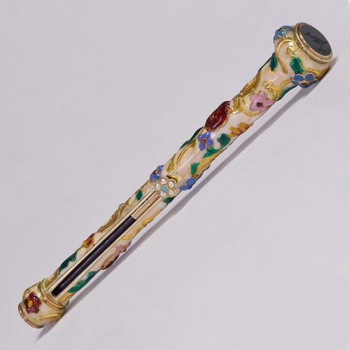 150 - MAGNIFICENT 19TH CENTURY ENAMEL PROPELLING PENCIL.
18.7 grams, testing 18 ct. gold. 
Fine multi colo... 