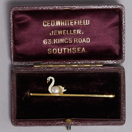 152 - ENAMEL AND PEARL SWAN BROOCH,
3 grams, 15 ct. gold.
Pearl untested.
multi colour enamel.
W. 5 cm.