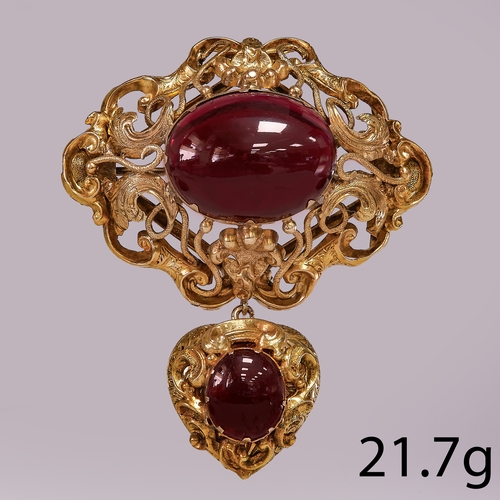 153 - ANTIQUE VICTORIAN GARNET DROP PENDANT,
21.7 gams, High carat gold.
Vibrant cabochon cut garnets.
The... 