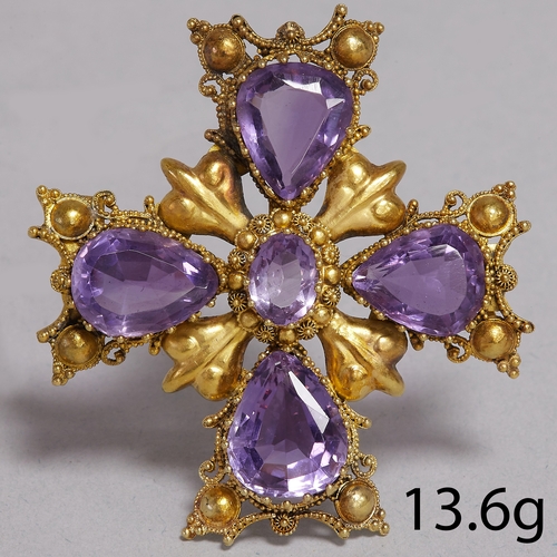 156 - GEORGIAN AMETHYST BROOCH,
13.6 grams, high carat gold.
Vibrant well matched amethyst.
W. 4.8 cm.