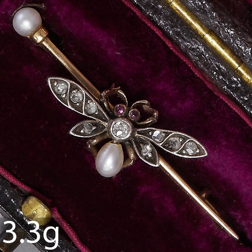 162 - ANTIQUE PEARL DIAMOND AND RUBY FLY BROOCH,
3.3 grams,  high carat gold
Diamonds bright and lively.
W... 