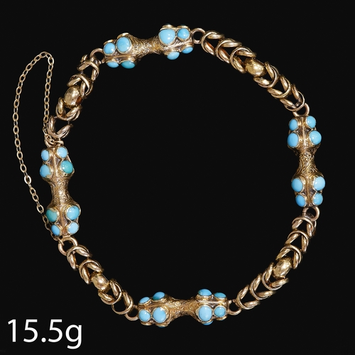 167 - FINE ANTIQUE TURQUOISE BRACELET,
15.5 grams, High carat gold.
Vibrant turquoise.
L. 21.5 cm.