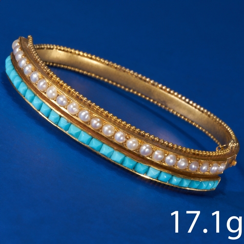 170 - UNUSUAL ANTIQUE TURQUOISE AND PEARL HINGED TWIST GOLD BANGLE,
17.1 grams.
Fine turquoise, generally ... 