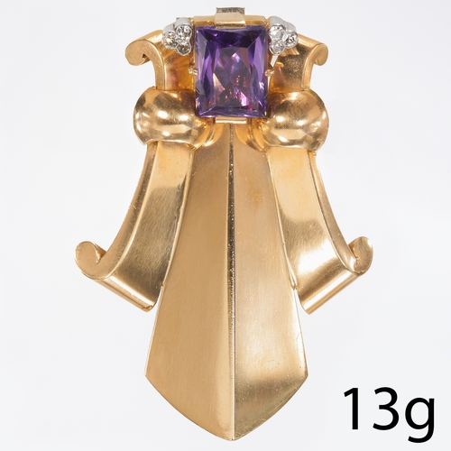 172 - VINTAGE AMETHYST AND DIAMOND CLIP BROOCH,
13 grams, stamped 14 ct. and pt. clip 9 ct.
Of stylized fl... 