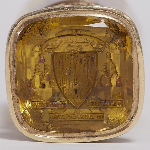 173 - RARE GEORGIAN CITRINE DESK SEAL,
69.4 grams. Testing high carat gold.
The gold mount with fine flora... 