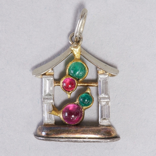 176 - FINE ART-DECO DIAMOND RUBY AND EMERALD BIRD PENDANT,
Birds in a bird house.
The birds with ruby and ... 