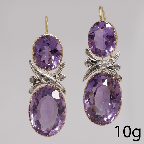 183 - PAIR OF ANTIQUE AMETHYST AND DIAMOND EARRINGS,
10 grams.
Vibrant amethyst, largest of approx. 16.9 x... 