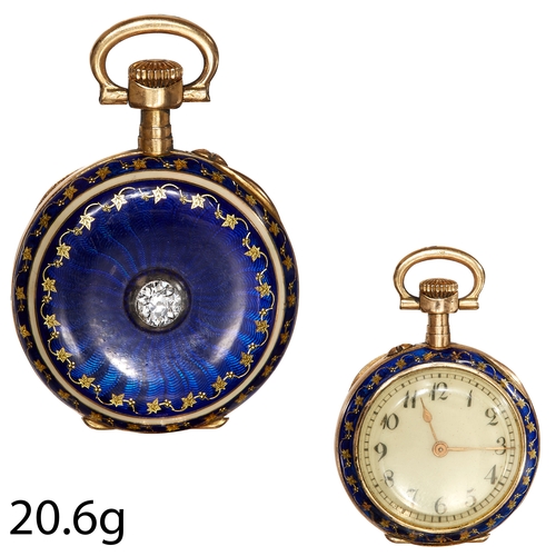 195 - ANTIQUE ENAMEL AND DIAMOND POCKET WATCH, 
20.6 grams, 18 ct. gold.
The back set with a lovely old cu... 