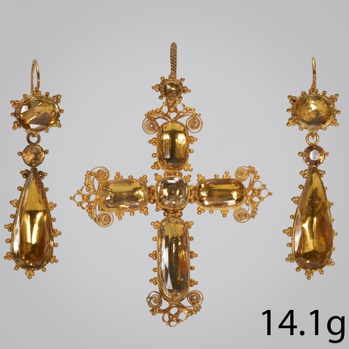 197 - ANTIQUE CITRINE CROSS PENDANT AND EARRING.
14.1 grams, testing 18 ct. gold.
Cross L: 6.7 cm.
Earring... 