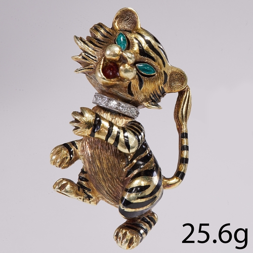 2 - DIAMOND AND ENAMEL TIGER BROOCH,
25.6 grams, testing 18 ct. gold.
Diamond set collar.
Eyes, tongue a... 