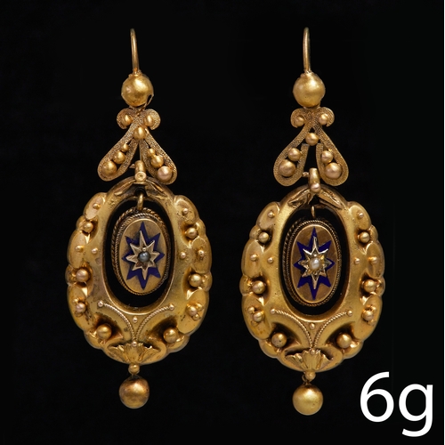 202 - PAIR OF ANTIQUE VICTORIAN ENAMEL AND PEARL EARRINGS,
6 grams, Testing high carat gold.
Vibrant ename... 