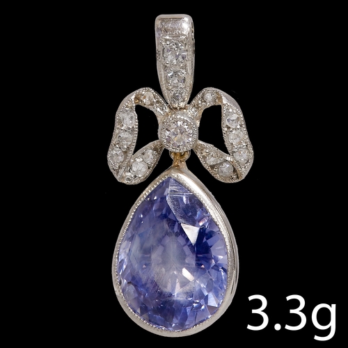 213 - SAPPHIRE AND DIAMOND PENDANT,
3.3 grams.
Vibrant blue sapphire of approx. 5.80 ct.
Diamonds bright a... 