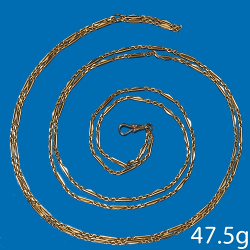 215 - FINE FANCY LINK LONG GUARD CHAIN,
47.5 grams. 18 ct. gold.
L. 156 cm.