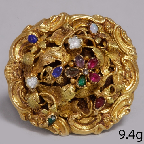 219 - VICTORIAN GEM SET GOLD REGARD MEMORIAL BROOCH 
9.4 grams high carat gold 
vibrant gems and lively di... 