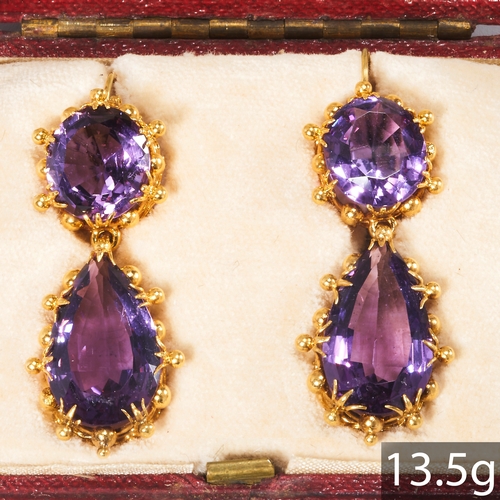 223 - VICTORIAN PAIR OF AMETHYST EARRINGS.
13.5 gram, High carat gold.
Set with vibrant amethyst 
L: 4.4 c... 