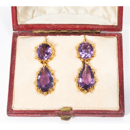 223 - VICTORIAN PAIR OF AMETHYST EARRINGS.
13.5 gram, High carat gold.
Set with vibrant amethyst 
L: 4.4 c... 