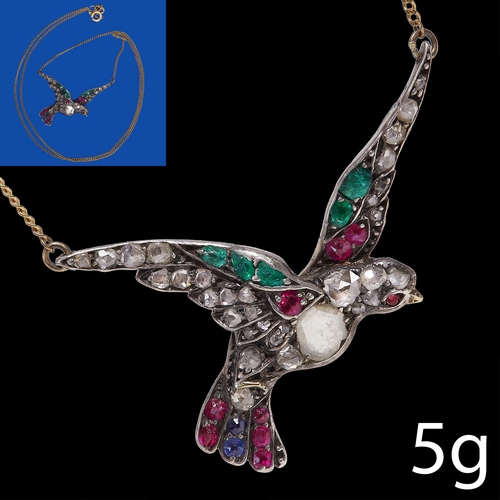 225 - ANTIQUE DIAMOND EMERALD RUBY AND SAPPHIRE BIRD PENDANT NECKLACE,
5 grams.
Diamonds bright and lively... 