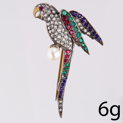 237 - DIAMOND, EMERALD ,SAPPHIRE, RUBY AND PEARL PARROT BROOCH.
6 grams.
Lively diamonds
Vibrant rubies, e... 