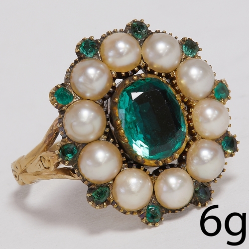 32 - ANTIQUE EMERALD AND PEARL CLUSTER RING, likely georgian.
6 grams, testing 18 ct. gold.
Rich and vibr... 