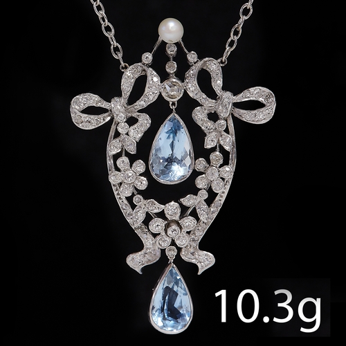 38 - EDWARDIAN AQUAMARINE AND DIAMOND PENDANT NECKLACE 
10.3 grams 
vibrant matching aquamarines 
bright ... 