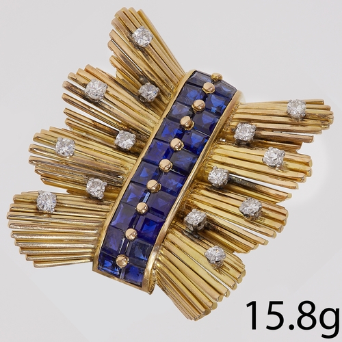 391 - RETRO SAPPHIRE AND DIAMOND BROOCH,
15.8 grams, testing 18 ct. gold.
Fine square cut blue sapphires.
... 