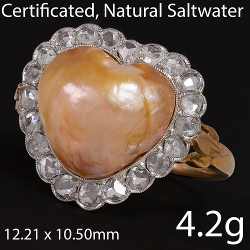 43 - CERTIFICATED NATUREL PEARL AND DIAMOND CLUSTER RING, 
4.2 grams, High carat gold.
Baroque shaped nat... 